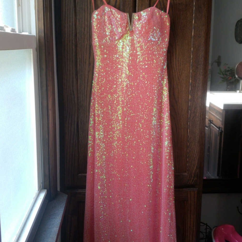 Peach sequined floor length dress
